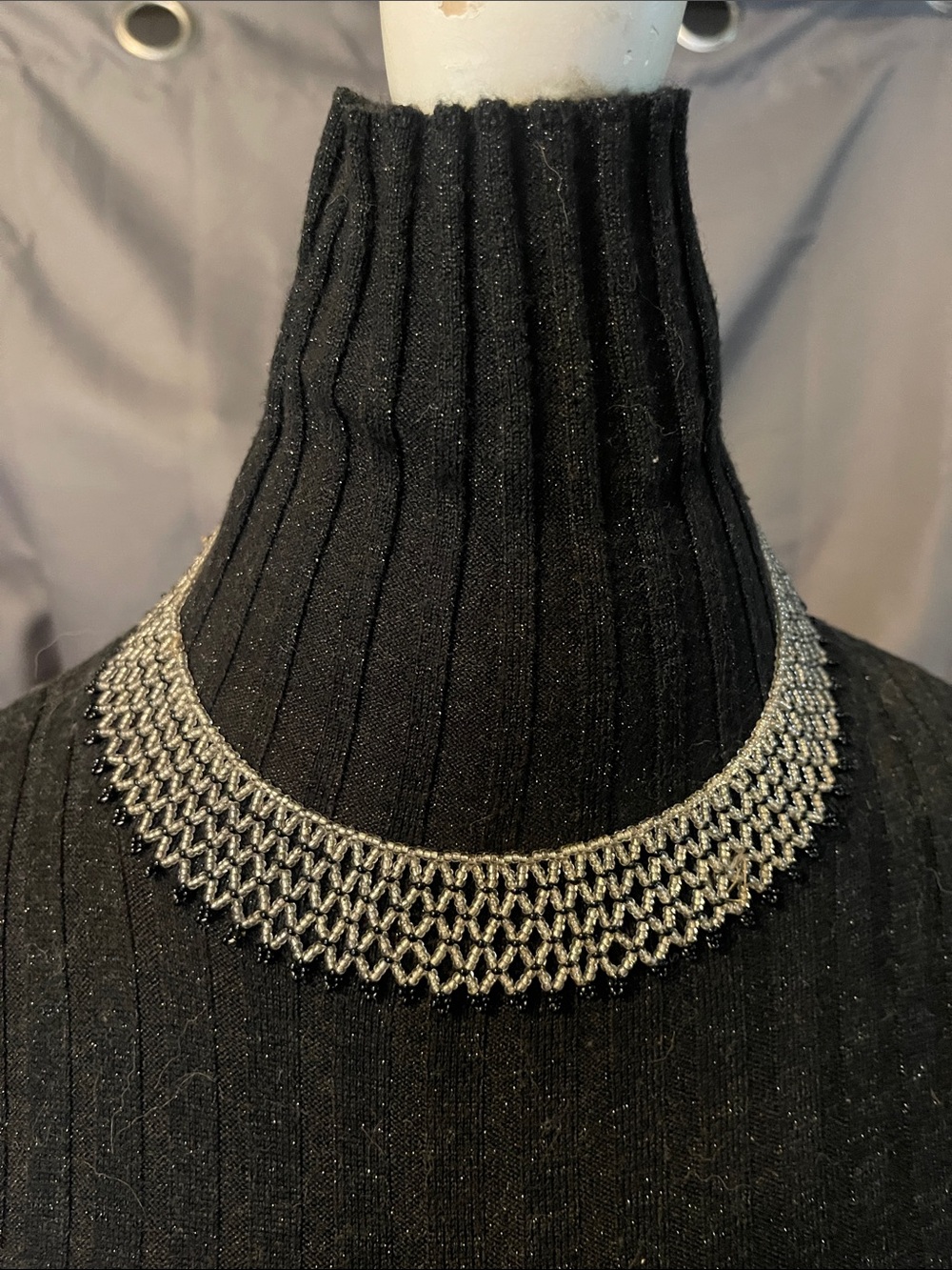 Silver clear and black Beaded Mesh Choker Necklace beautiful handmade